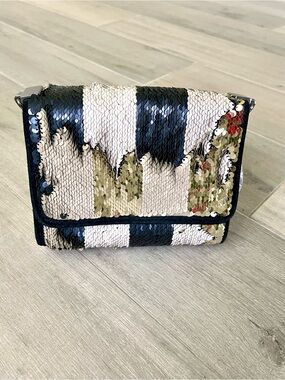 Zara Reversible Sequin Crossbody Bag Blue White Gold Striped Chain Strap